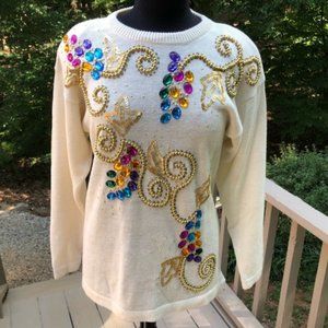 Vintage Victoria Harbour Women's Embellished Sweater, Colorful Rhinestones